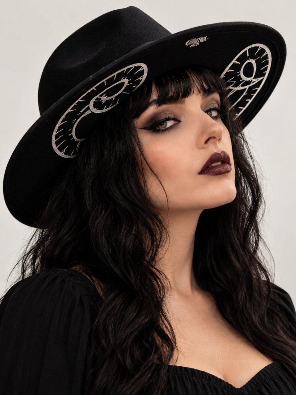 Witchwood Black Felt Hat Celestial Ram Horn Design Wide Brim Gothic Boho Fedora